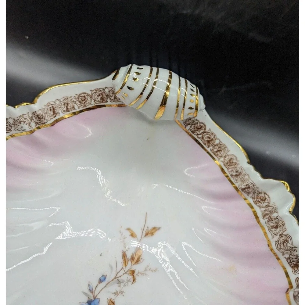 Antique Pink Hand Painted German Porcelain Seashell Serving Bowl Flowers 9.5